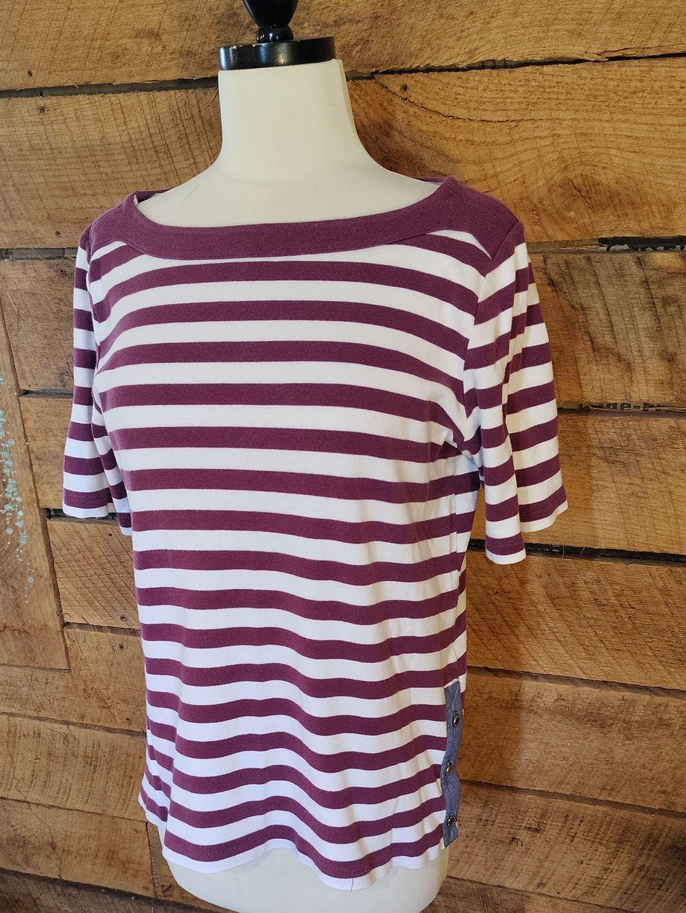 Jones Of Ny Striped Boatneck Short-Sleeve Top in Maroon and White Sz L
